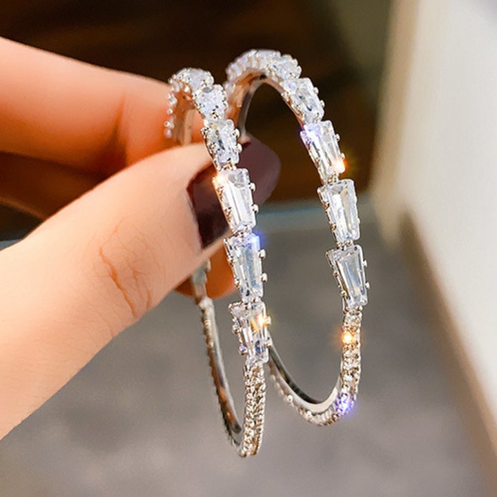 NEW 1.75'' 925 Silver Diamond Hoop Earrings - Picture 1 of 8